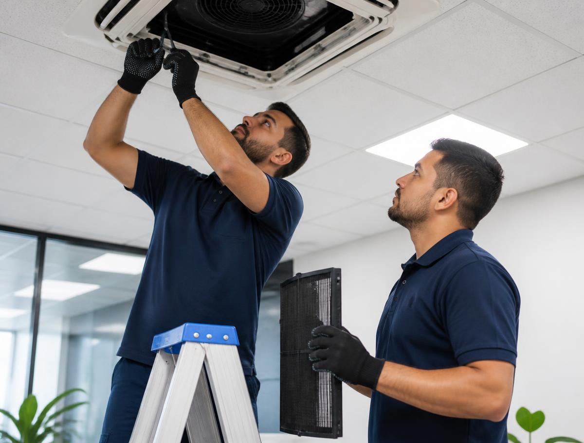 Manutenção de ar-condicionado cassete em ambiente comercial