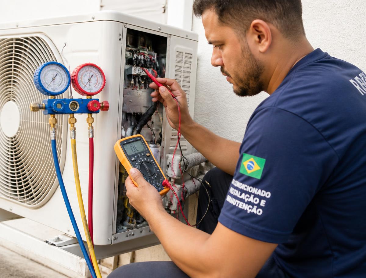 Técnico da A&R Climatização avaliando o funcionamento de uma unidade externa